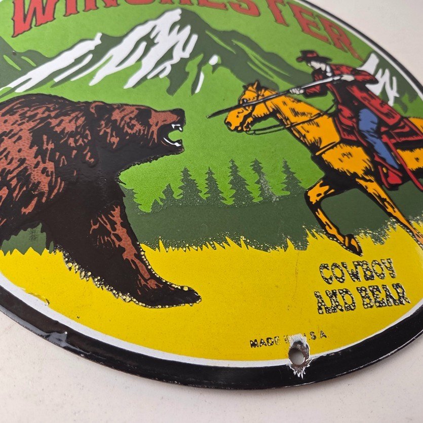 Vintage Winchester Porcelain Sign - Hunting Advertisement Cowboy and Bear Sign - Image 11