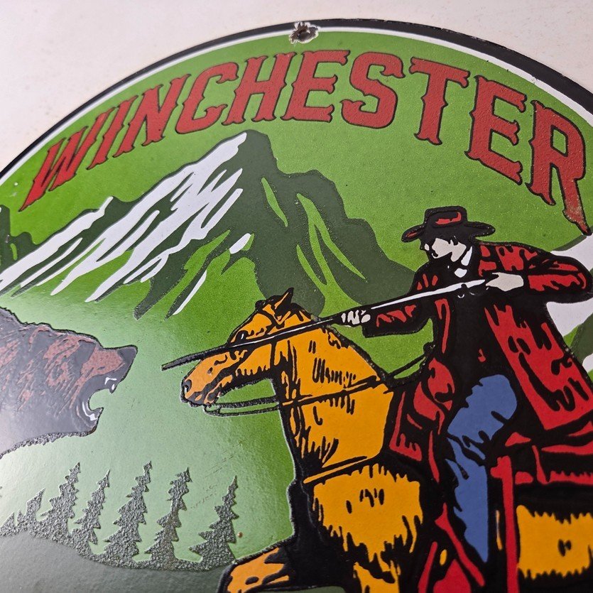 Vintage Winchester Porcelain Sign - Hunting Advertisement Cowboy and Bear Sign - Image 12