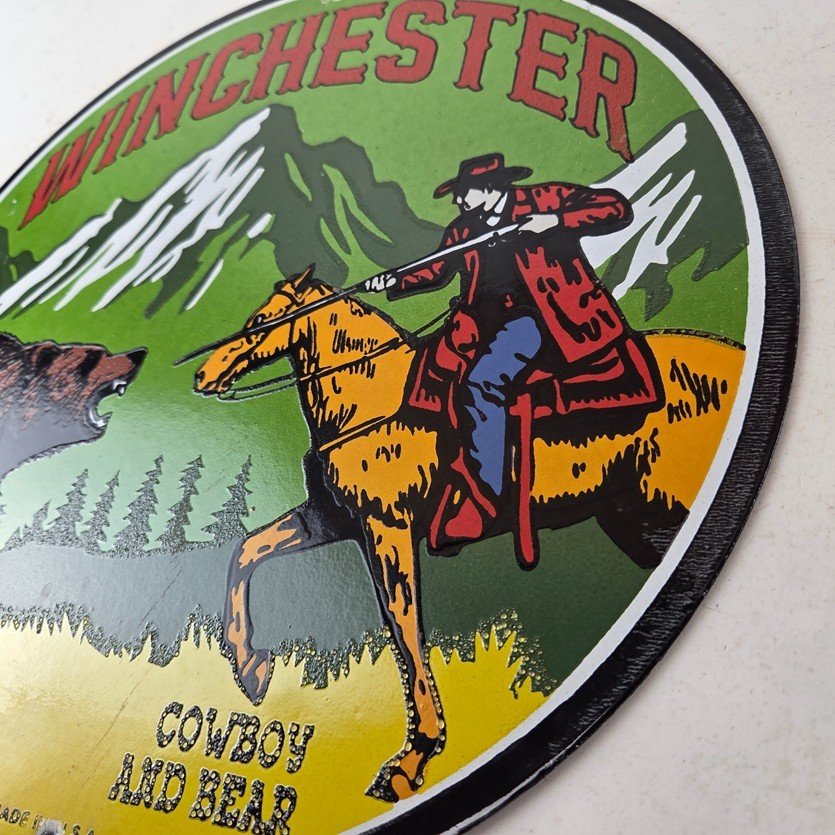 Vintage Winchester Porcelain Sign - Hunting Advertisement Cowboy and Bear Sign - Image 13