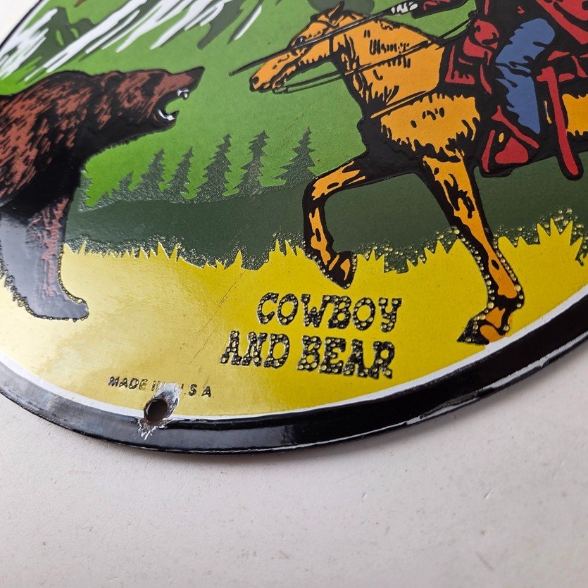 Vintage Winchester Porcelain Sign - Hunting Advertisement Cowboy and Bear Sign - Image 14