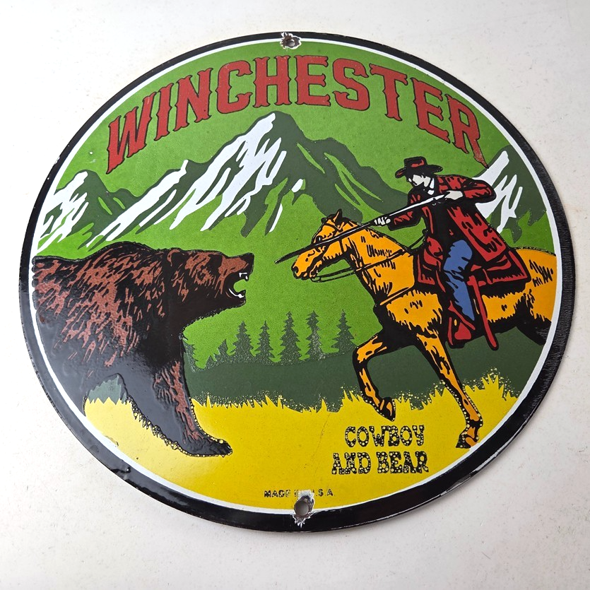 Vintage Winchester Porcelain Sign - Hunting Advertisement Cowboy and Bear Sign - Image 15
