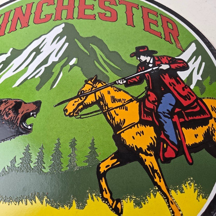 Vintage Winchester Porcelain Sign - Hunting Advertisement Cowboy and Bear Sign - Image 3
