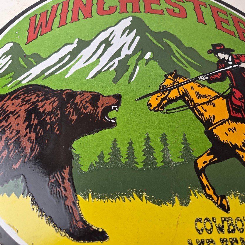 Vintage Winchester Porcelain Sign - Hunting Advertisement Cowboy and Bear Sign - Image 4