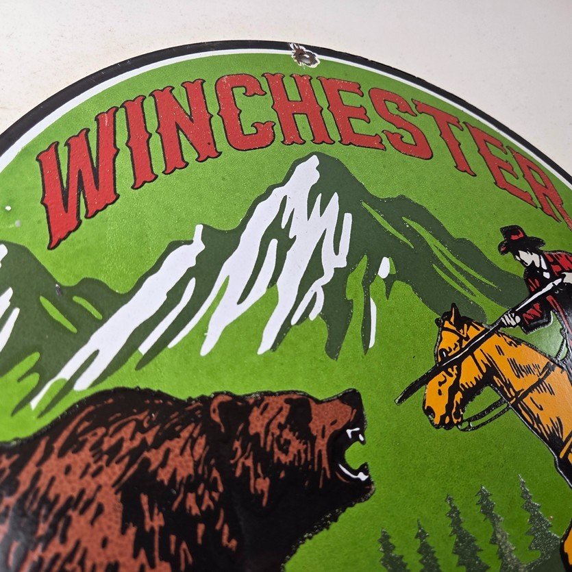 Vintage Winchester Porcelain Sign - Hunting Advertisement Cowboy and Bear Sign - Image 5