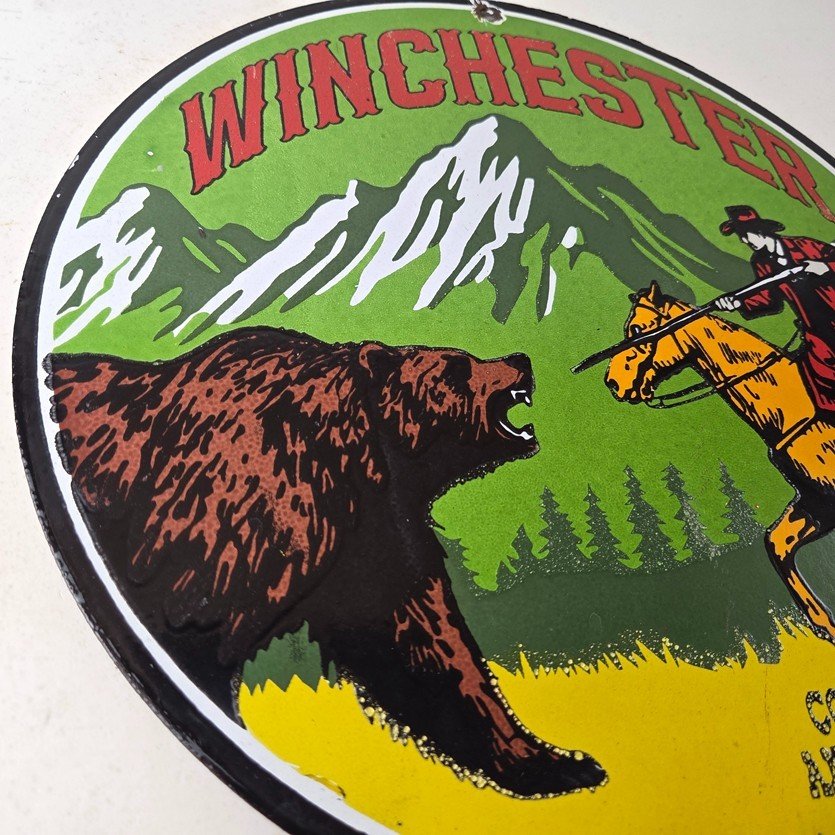 Vintage Winchester Porcelain Sign - Hunting Advertisement Cowboy and Bear Sign - Image 6