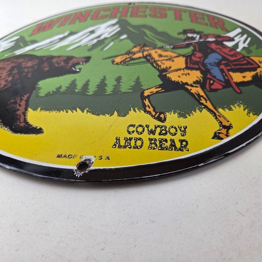 Vintage Winchester Porcelain Sign - Hunting Advertisement Cowboy and Bear Sign - Image 10