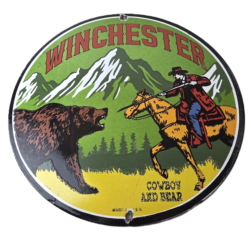 Vintage Winchester Porcelain Sign - Hunting Advertisement Cowboy and Bear Sign