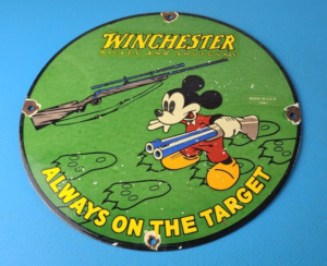 Vintage Winchester Sign Disney Mickey Mouse Shot Gun Rifle Ammo Gas Pump Sign 305853099935