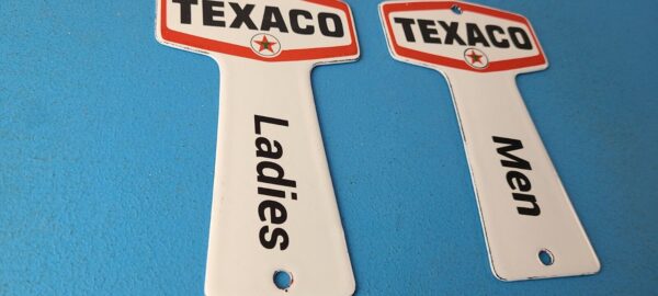 2 Vintage Texaco Gasoline Signs Rest Rooms Men Women Key Gas Porcelain Sign 305774144626 5