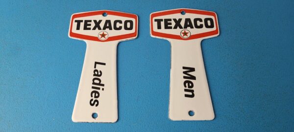 2 Vintage Texaco Gasoline Signs Rest Rooms Men Women Key Gas Porcelain Sign 305774144626