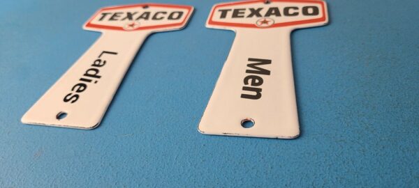 2 Vintage Texaco Gasoline Signs Rest Rooms Men Women Key Gas Porcelain Sign 305774144626 9