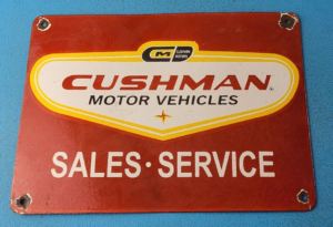 VINTAGE CUSHMAN MOTORCYCLE PORCELAIN VEHICLE GAS SERVICE STATION PUMP PLATE SIGN 305892178656