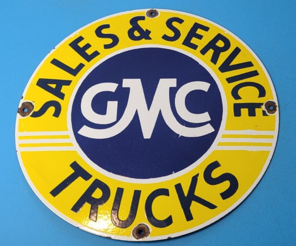 VINTAGE GENERAL MOTORS 16 INCH PORCELAIN GAS AUTOMOBILES TRUCKS GMC PUMP SIGN 305751873036