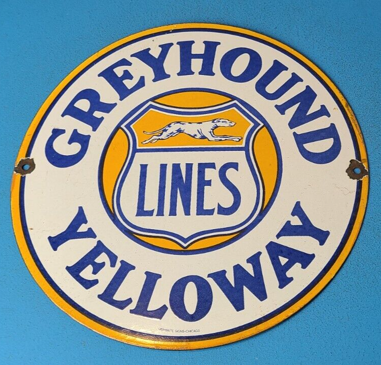 VINTAGE GREYHOUND PORCELAIN GAS BUS LINES YELLOWAY AUTO SERVICE STATION SIGN 305845067176