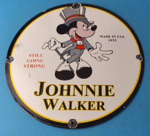 VINTAGE JOHNNIE WALKER PORCELAIN MICKEY MOUSE SERVICE GAS PUMP PLATE SIGN 305872154156