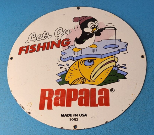 VINTAGE RAPALA FISHING LURES PORCELAIN CHILLY SALES TACKLE SERVICE GAS PUMP SIGN 305780765676