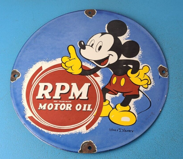 VINTAGE RPM MOTOR OIL PORCELAIN MICKEY MOUSE WALT DISNEY SERVICE GAS PUMP SIGN 305768678666