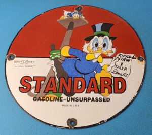 VINTAGE STANDARD GASOLINE PORCELAIN SCROOGE DUCK WALT DISNEY SERVICE GAS SIGN 305872535036