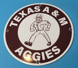 VINTAGE TEXAS A M PORCELAIN AGGIES FOOTBALL COLLEGE SPORTS GAS PUMP RING SIGN 305887561236