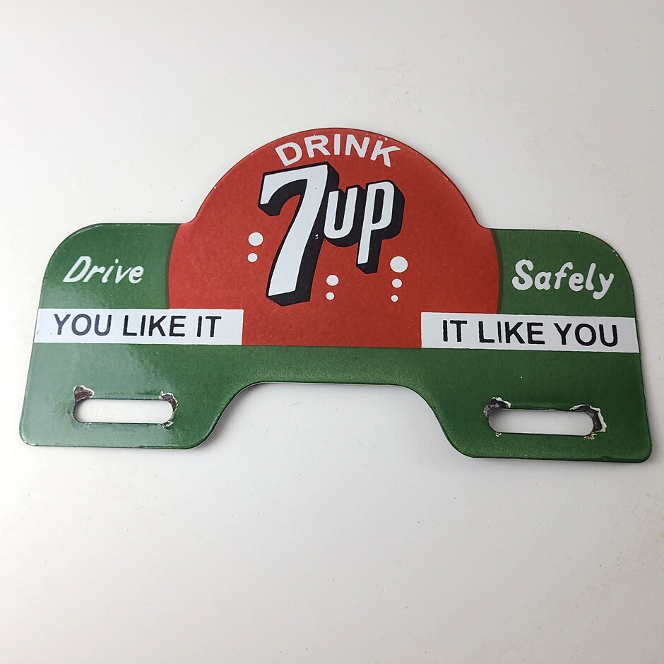 Vintage 7 Up Soda License Plate Topper - Drive Safe Sign Ad on Automobile Topper - Image 12