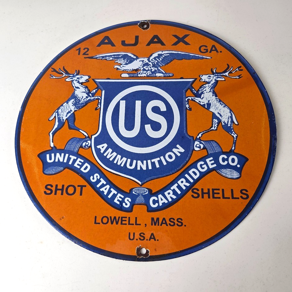 Vintage Ajax Ammunition Sign - Firearm Shotguns Porcelain Gas Ammunition Sign - Image 12