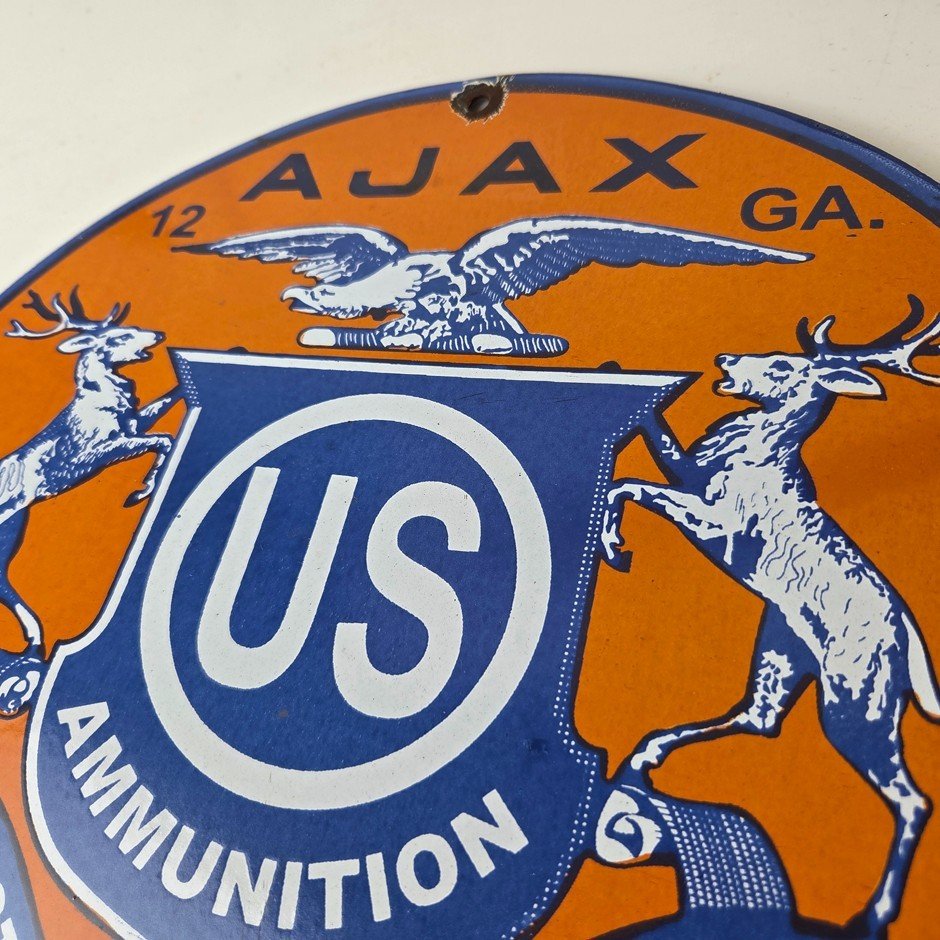 Vintage Ajax Ammunition Sign - Firearm Shotguns Porcelain Gas Ammunition Sign - Image 8