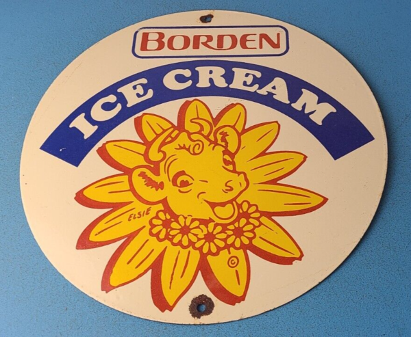 Vintage Bordens Ice Cream Sign Porcelain Gas Pump Dairy Cow Milk Service Sign 305477173206