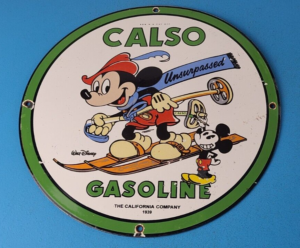 Vintage Calso Gasoline Sign Skiing Mickey Mouse Gas Pump Plate Porcelain Sign 305892636106