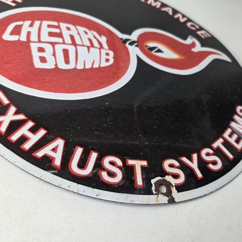 Vintage Cherry Bomb Sign - Auto Mechanic Exhaust Gas Pump Hot Rod Porcelain Sign - Image 11