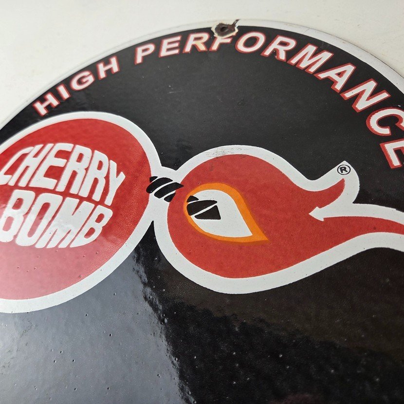 Vintage Cherry Bomb Sign - Auto Mechanic Exhaust Gas Pump Hot Rod Porcelain Sign - Image 12