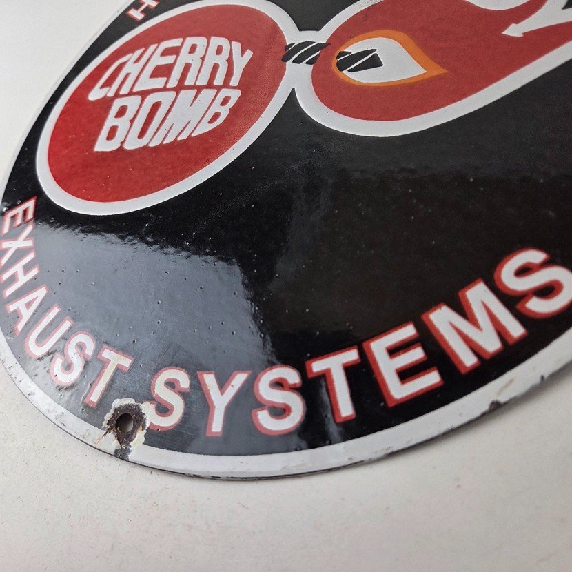 Vintage Cherry Bomb Sign - Auto Mechanic Exhaust Gas Pump Hot Rod Porcelain Sign - Image 14