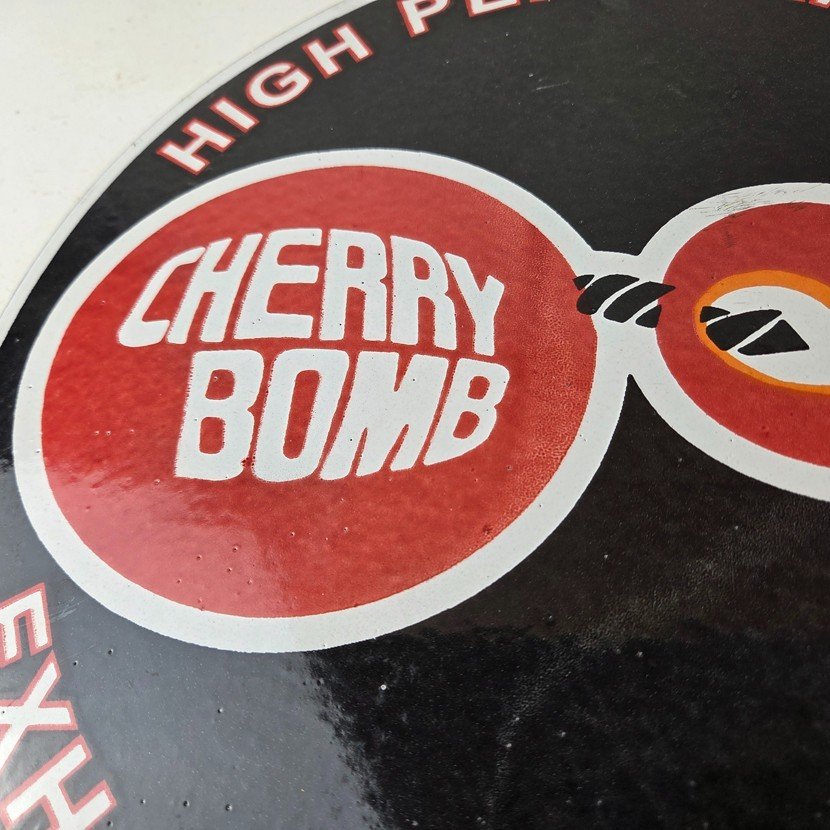 Vintage Cherry Bomb Sign - Auto Mechanic Exhaust Gas Pump Hot Rod Porcelain Sign - Image 3