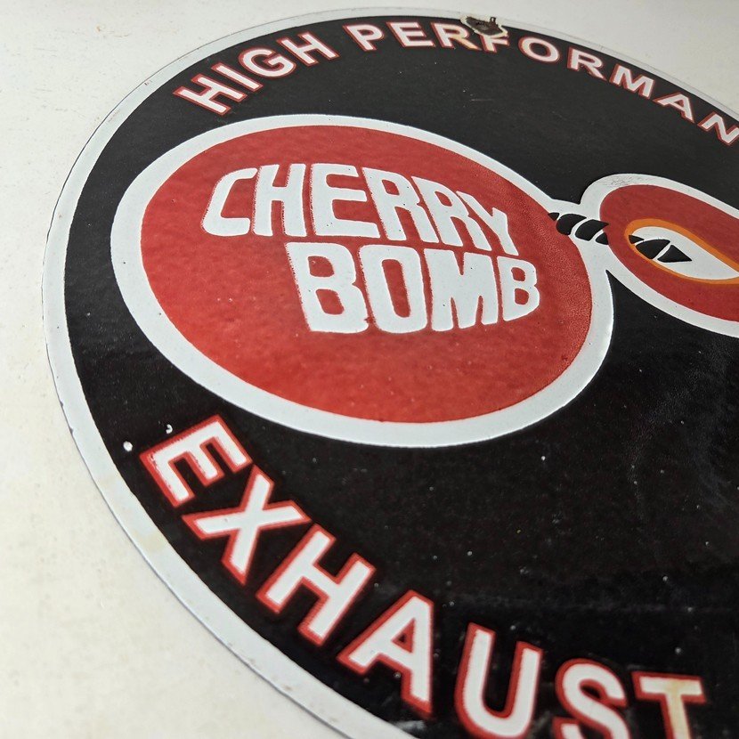 Vintage Cherry Bomb Sign - Auto Mechanic Exhaust Gas Pump Hot Rod Porcelain Sign - Image 6