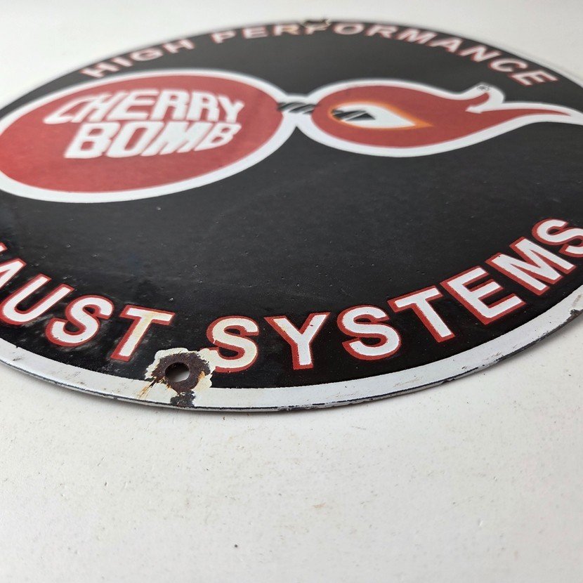 Vintage Cherry Bomb Sign - Auto Mechanic Exhaust Gas Pump Hot Rod Porcelain Sign - Image 10