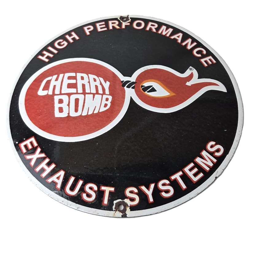 Vintage Cherry Bomb Sign - Auto Mechanic Exhaust Gas Pump Hot Rod Porcelain Sign