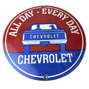 Vintage Chevrolet Porcelain Sign - Service Gas Pump Chevy All Day Man / Dog Sign