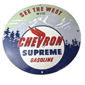Vintage Chevron Gasoline Sign - See the West Gas Pump Service Porcelain Sign