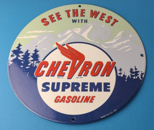 Vintage Chevron Gasoline Sign West Supreme Gas Pump Service Porcelain Sign 305883200876