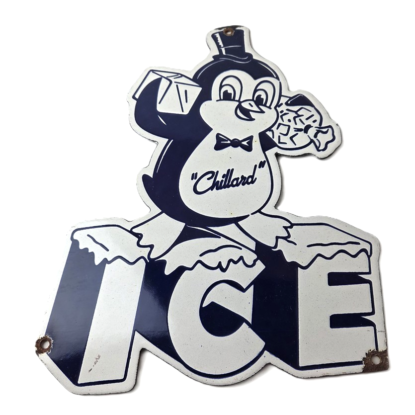 Vintage Chillard Ice Sign - Ice Cubes Chilly Willy Gas Service Porcelain Sign