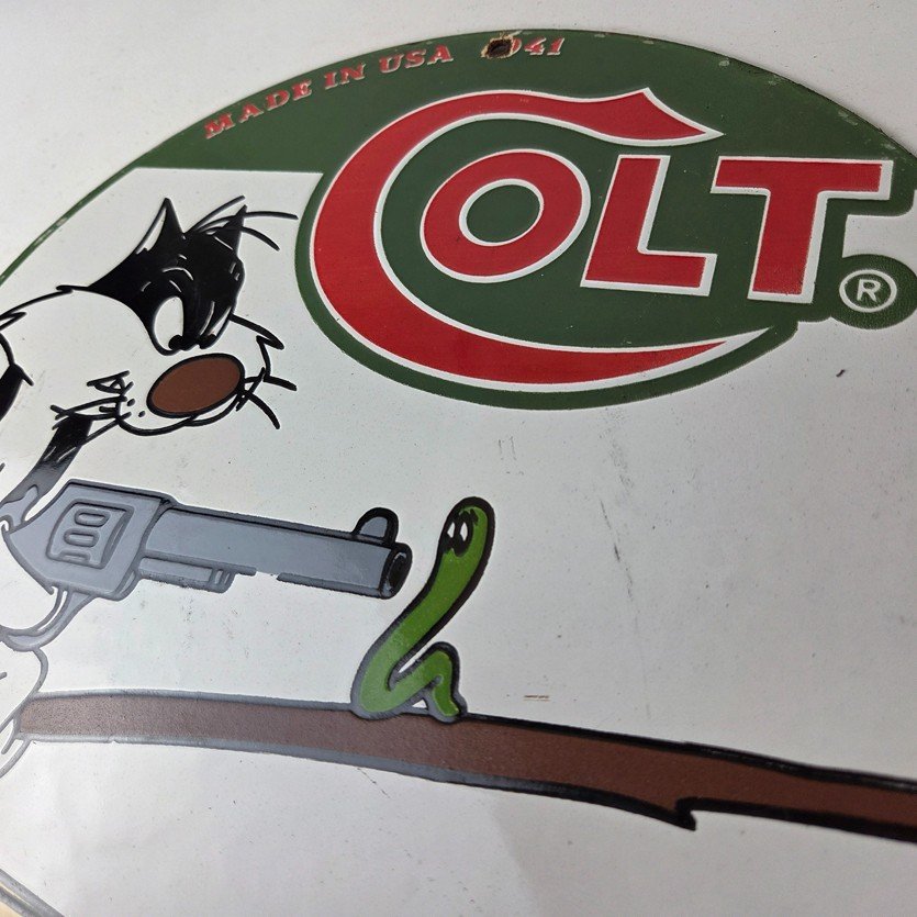 Vintage Colt Firearms Sign - Cat Revolver Gun Shop Ammo Porcelain Gas Pump Sign - Image 12