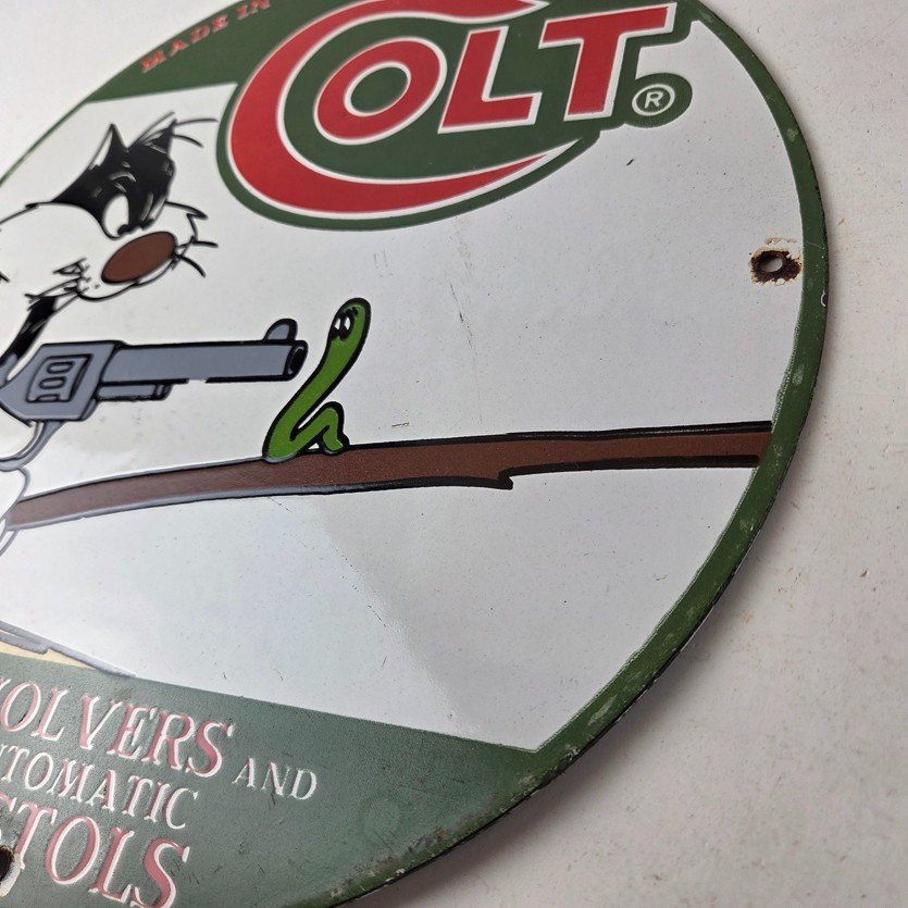 Vintage Colt Firearms Sign - Cat Revolver Gun Shop Ammo Porcelain Gas Pump Sign - Image 13
