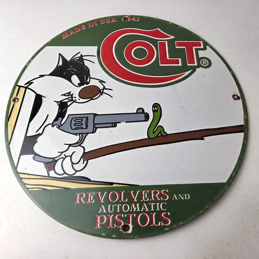 Vintage Colt Firearms Sign - Cat Revolver Gun Shop Ammo Porcelain Gas Pump Sign - Image 15