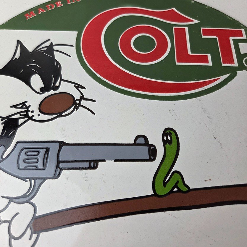 Vintage Colt Firearms Sign - Cat Revolver Gun Shop Ammo Porcelain Gas Pump Sign - Image 3