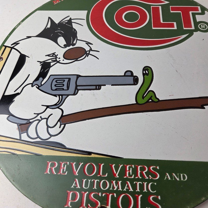 Vintage Colt Firearms Sign - Cat Revolver Gun Shop Ammo Porcelain Gas Pump Sign - Image 4