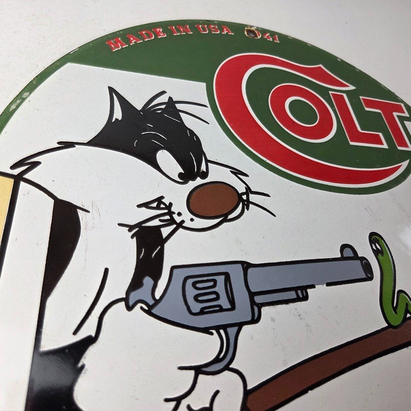 Vintage Colt Firearms Sign - Cat Revolver Gun Shop Ammo Porcelain Gas Pump Sign - Image 5