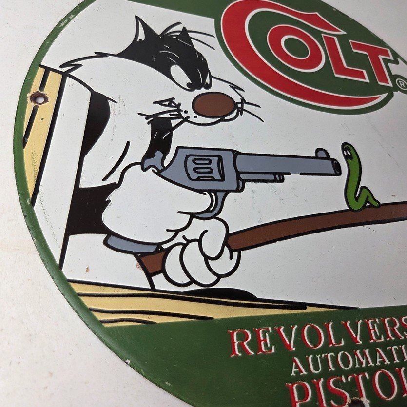 Vintage Colt Firearms Sign - Cat Revolver Gun Shop Ammo Porcelain Gas Pump Sign - Image 6