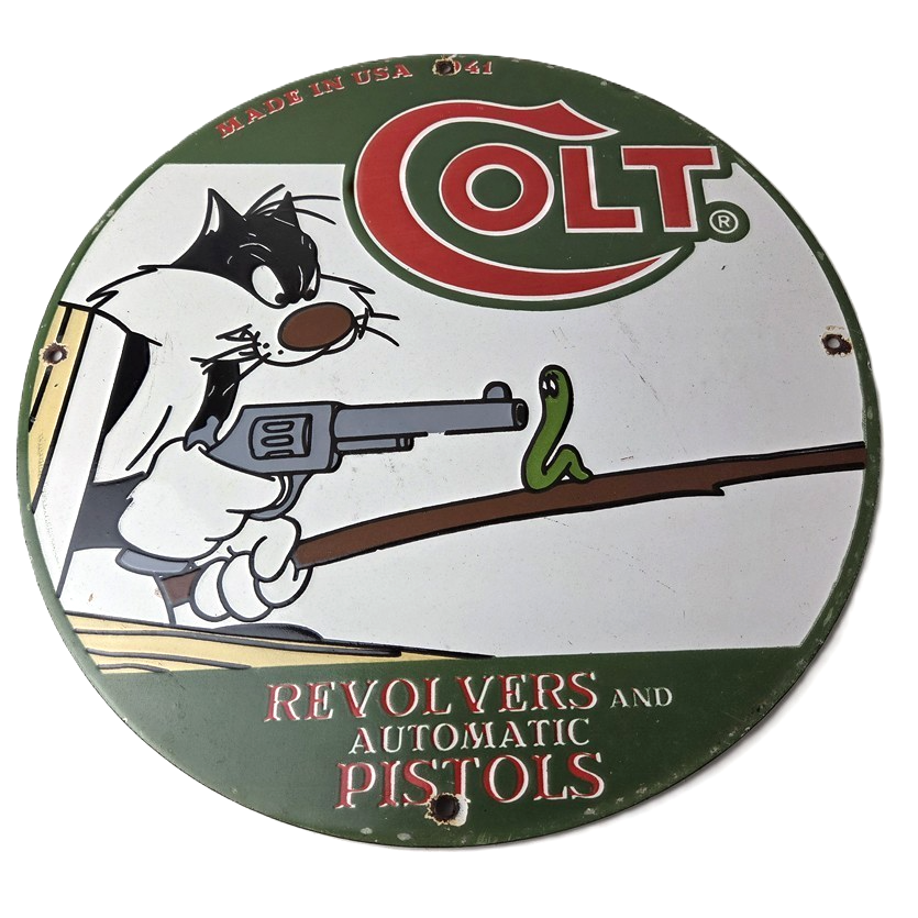 Vintage Colt Firearms Sign - Cat Revolver Gun Shop Ammo Porcelain Gas Pump Sign