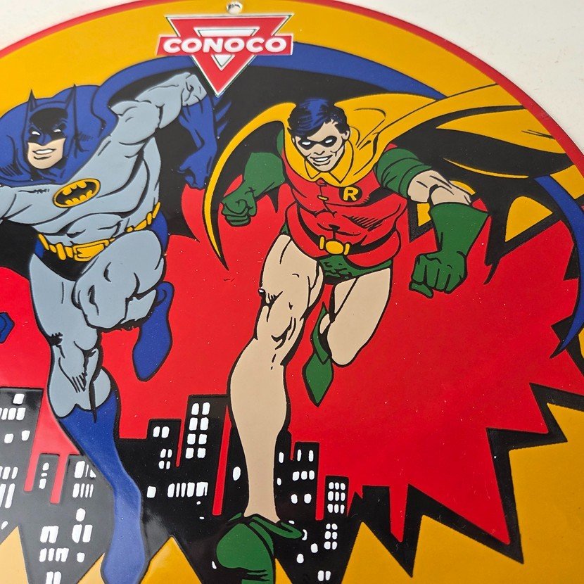 Vintage Conoco Gasoline Porcelain Sign - Batman Robin N-Tane Comic Gas Pump Sign - Image 4