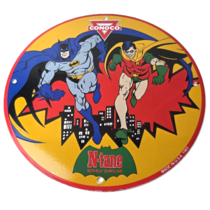 Vintage Conoco Gasoline Porcelain Sign - Batman Robin N-Tane Comic Gas Pump Sign