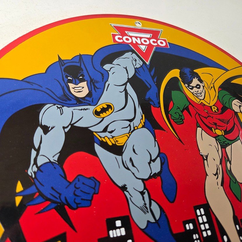 Vintage Conoco Gasoline Porcelain Sign - Batman Robin N-Tane Comic Gas Pump Sign - Image 5